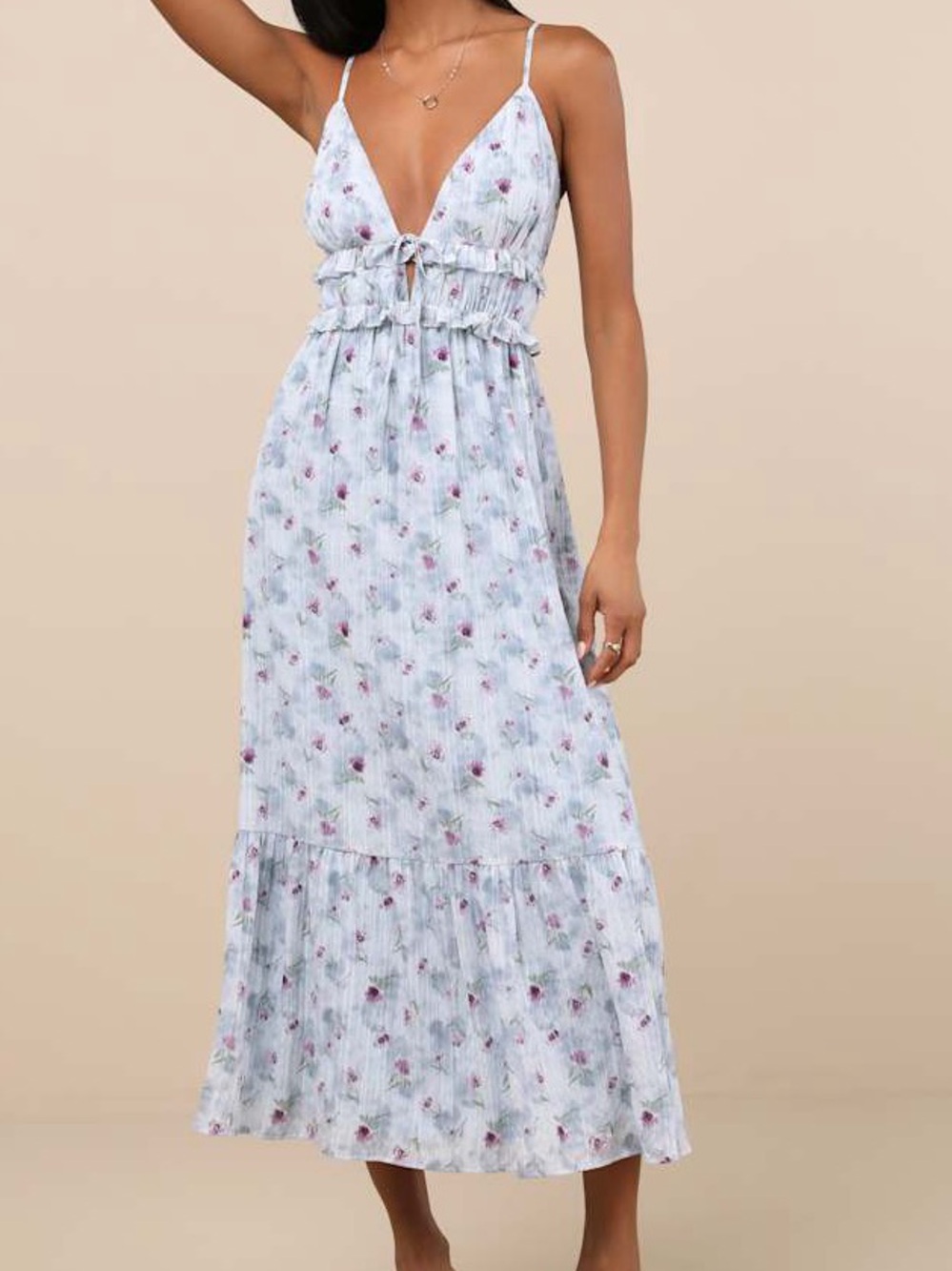 Lulus Sandi Light Blue Floral Tie-Front Midi Dress Size M Cottagecore Romance